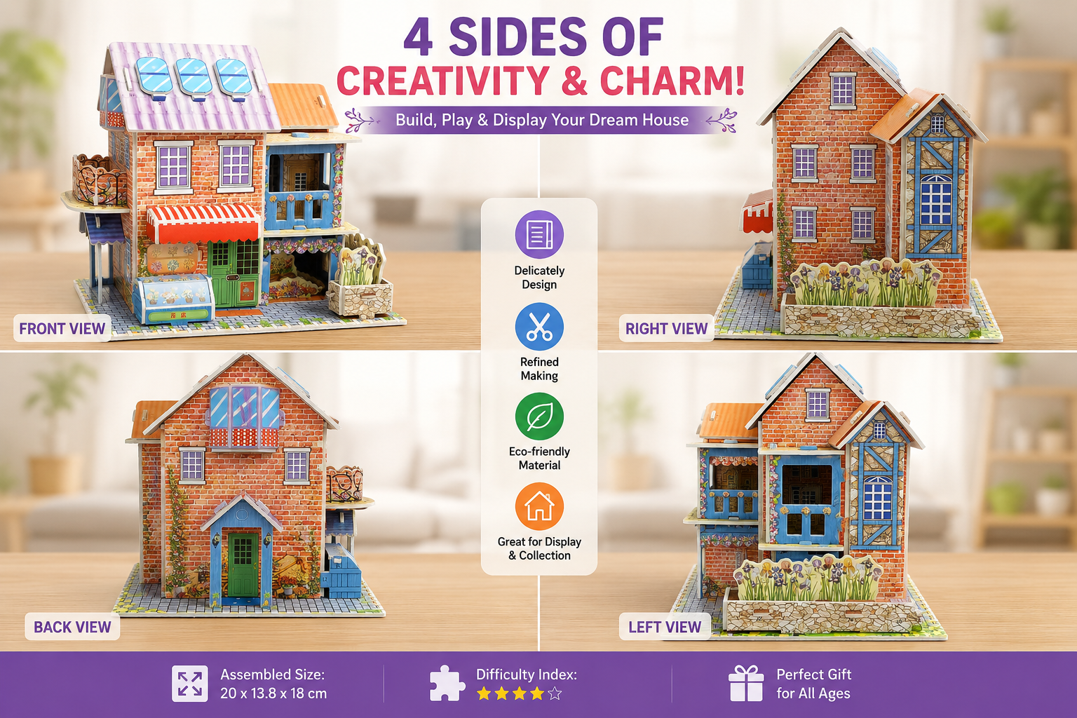 4-in-1 3D Paper Craft House Combo Pack | DIY Building Model Kit | Creative Educational Toy & Home Display
