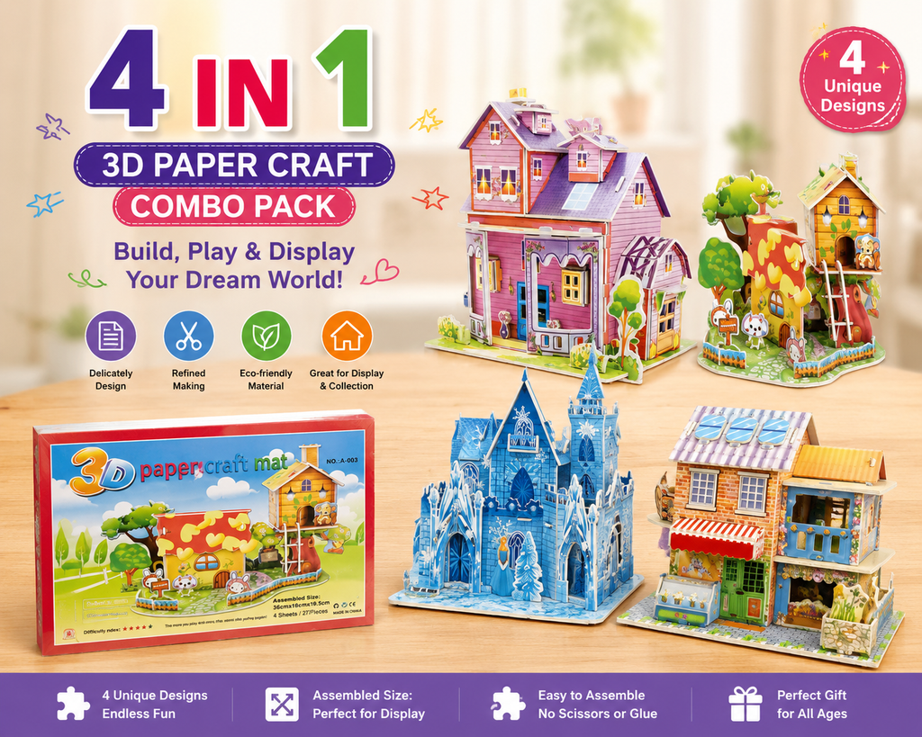 4-in-1 3D Paper Craft House Combo Pack | DIY Building Model Kit | Creative Educational Toy & Home Display