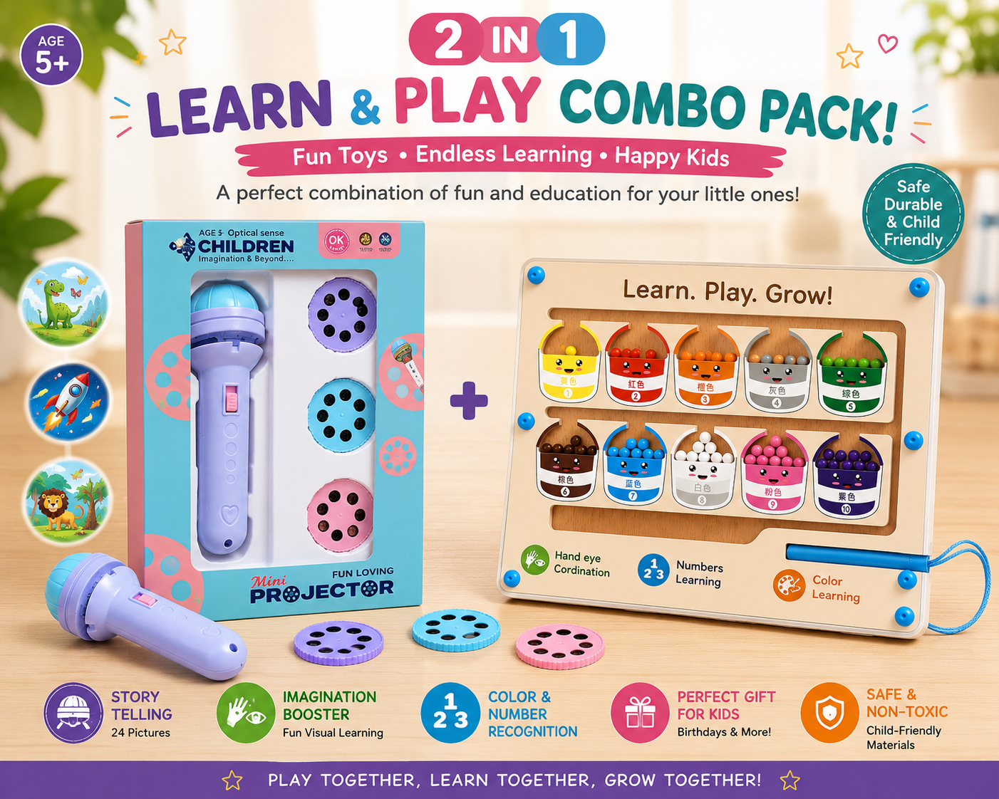 2-in-1 Learn & Play Kids Combo Pack | Mini Story Projector + Wooden Color & Number Learning Board