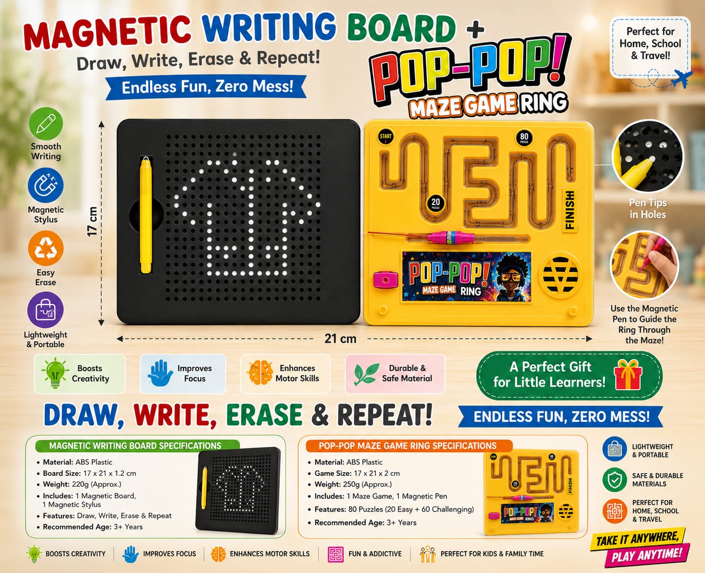 Kids Creativity & Brain Development Combo – Magnetic Drawing Board + Maze Challenge