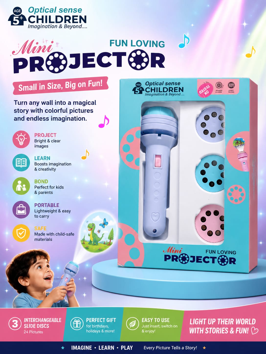 Mini Kids Story Projector Torch with 3 Slide Discs & 24 Images – Educational Learning Toy for Children 5+ Years