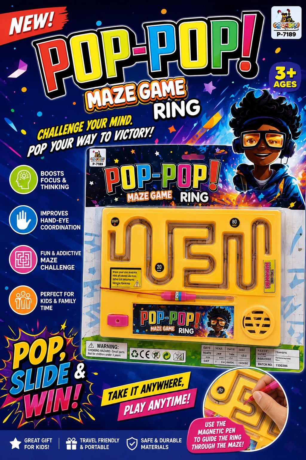 Pop-Pop Maze Game Ring – Magnetic Puzzle Maze Board Toy for Kids | Brain Teaser & Travel Game (Ages 3+)