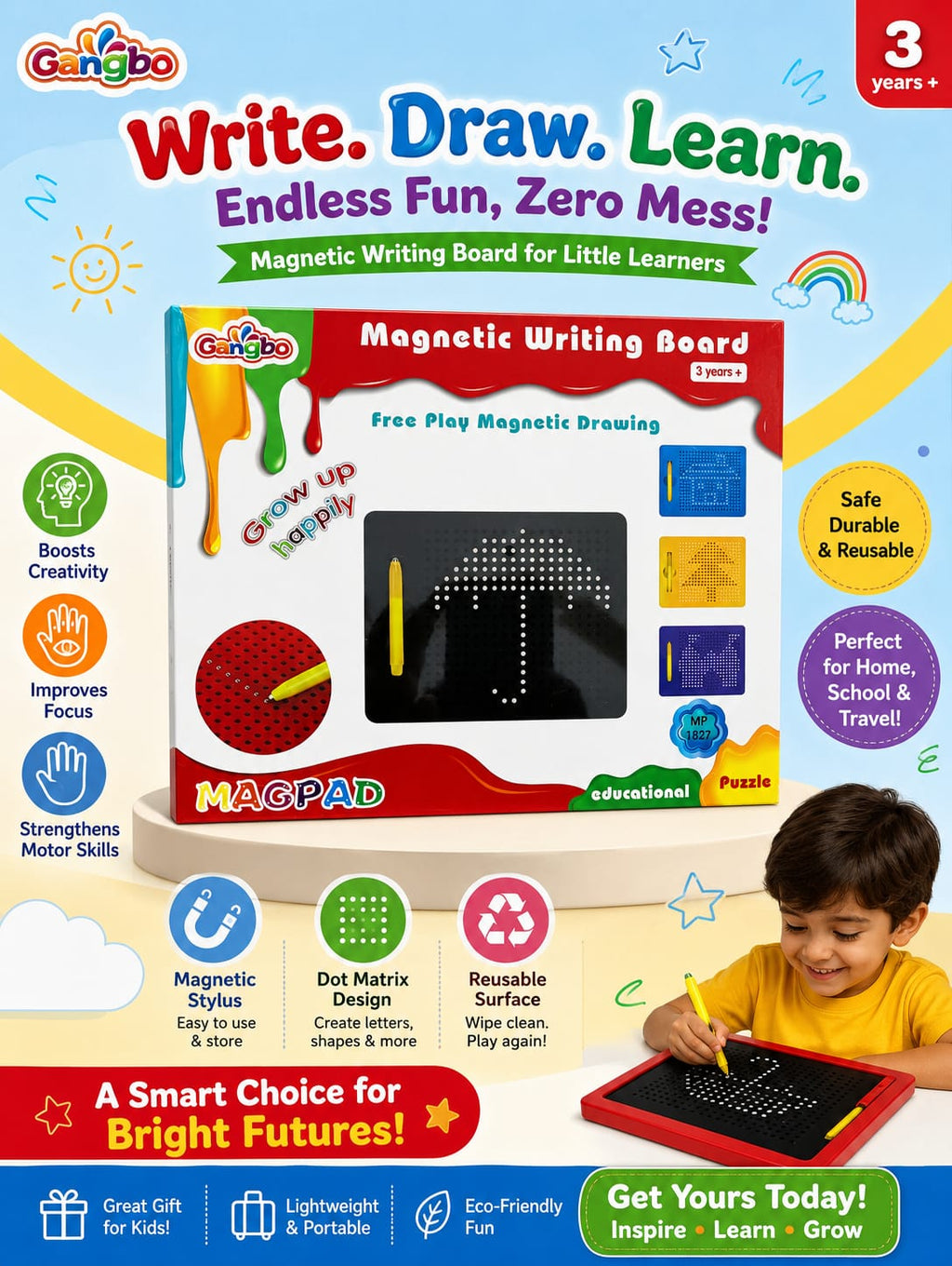 Magnetic Writing Board for Kids – Reusable Drawing & Learning Pad with Magnetic Pen and Pattern Cards (Ages 3+)