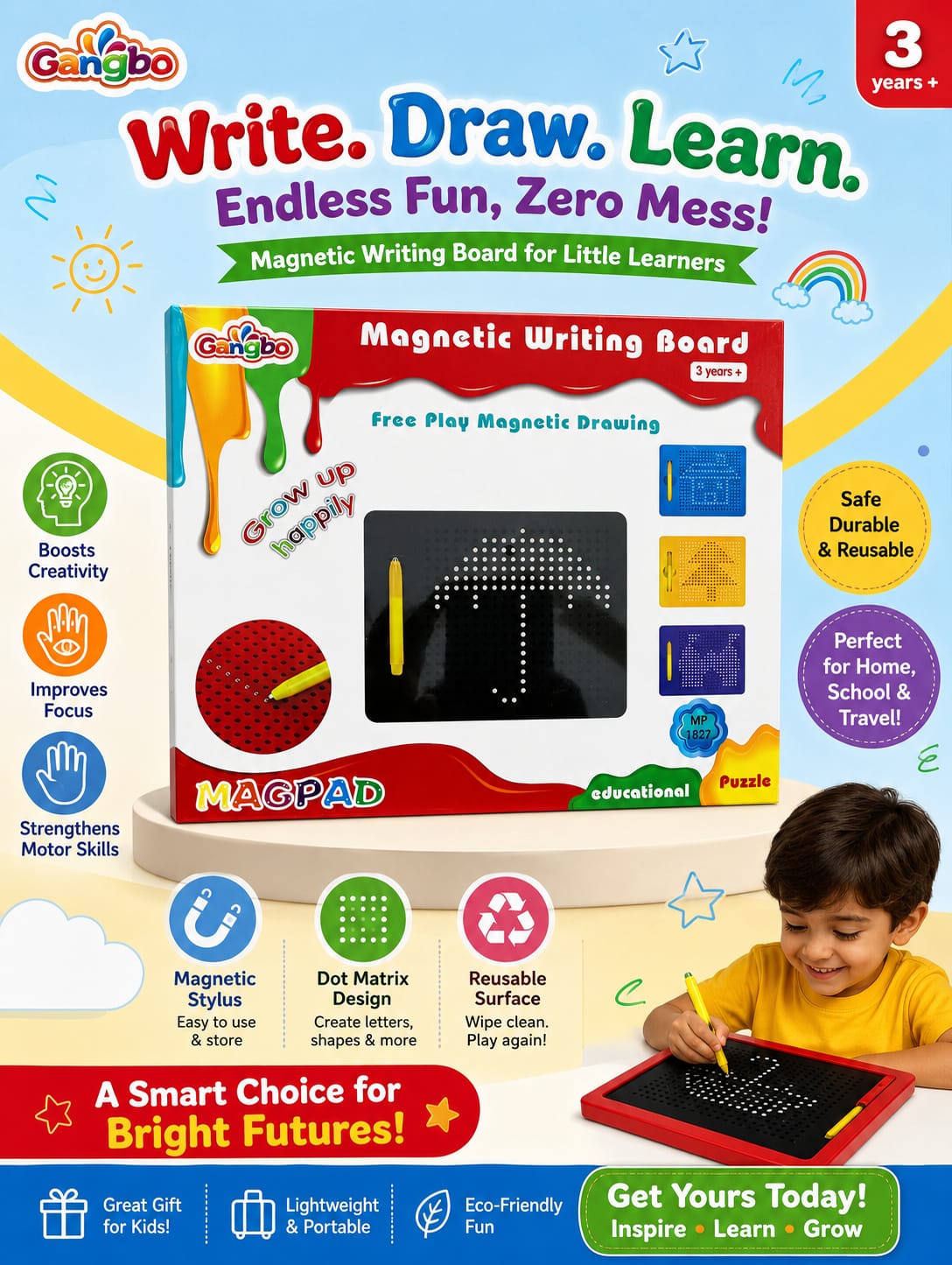 Magnetic Writing Board for Kids – Reusable Drawing & Learning Pad with Magnetic Pen and Pattern Cards (Ages 3+)