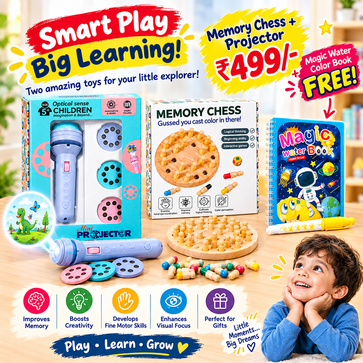 Memory Chess + Mini Projector + Magic Water Coloring Book Combo